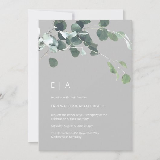 Invitation Aquarelle minimale Eucalyptus Monogramme vert (Devant)