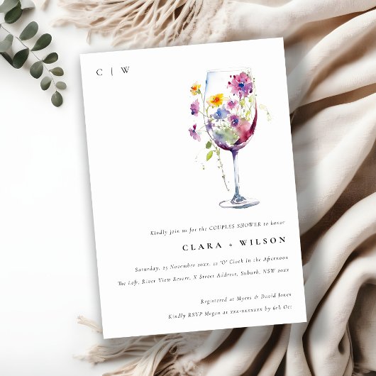 Invitation Aquarelle minimale Flora Vin Coupler de verre Douc