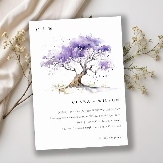 Invitation Aquarelle minimale Lilac Jacaranda Mariage arbre