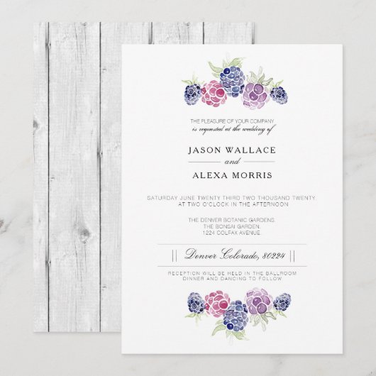 Invitation Aquarelle minimaliste Blackberry | Mariage élégant (Devant / Derrière)