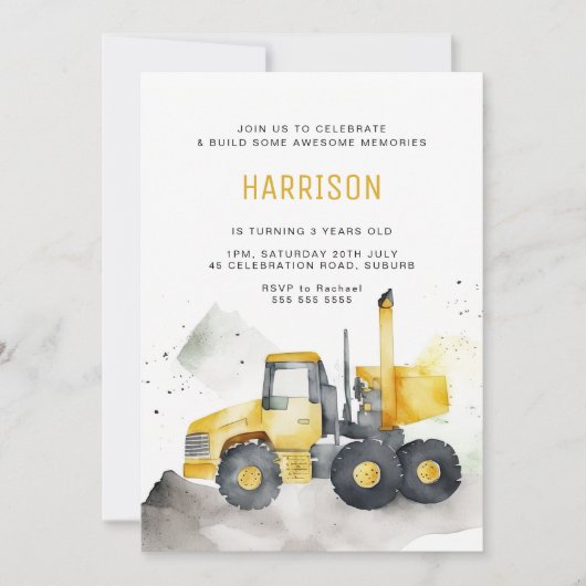 Invitation Aquarelle minimaliste Cement Camion Anniversaire (Devant)