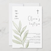 Invitation Aquarelle minimaliste Feuilles Cross Baptême (Devant)