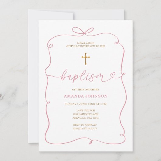 Invitation Aquarelle minimaliste Fille Christening Baptême (Devant)