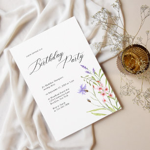 Invitation Aquarelle minimaliste Fleur sauvage Adulte Anniver