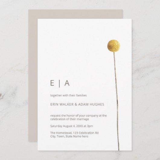 Invitation Aquarelle minimaliste simple Pierre fleurie Jaune (Devant / Derrière)