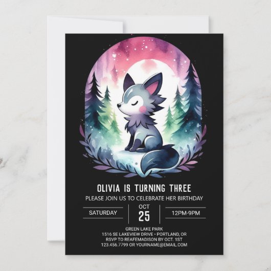 Invitation Aquarelle minimaliste Wolf Anniversaire (Devant)