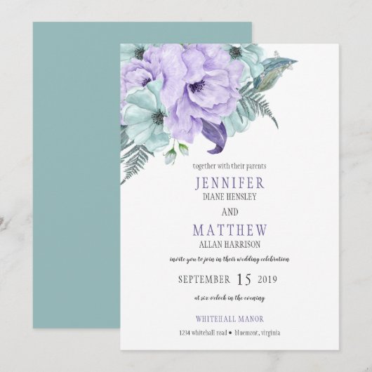 Invitation Aquarelle Mint Lavender Purple Peony Mariage (Devant / Derrière)