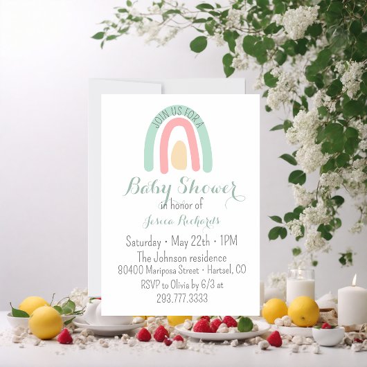 Invitation Aquarelle minty arc-en-ciel Baby shower fille