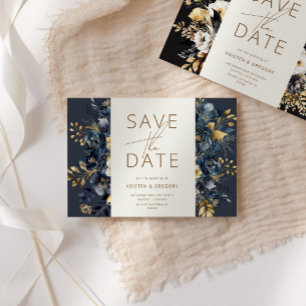 Invitation Aquarelle Minuit Bleu Or Floral Enregistrer La Dat