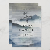 Invitation Aquarelle Misty mountain indigo bleu mariage (Devant / Derrière)