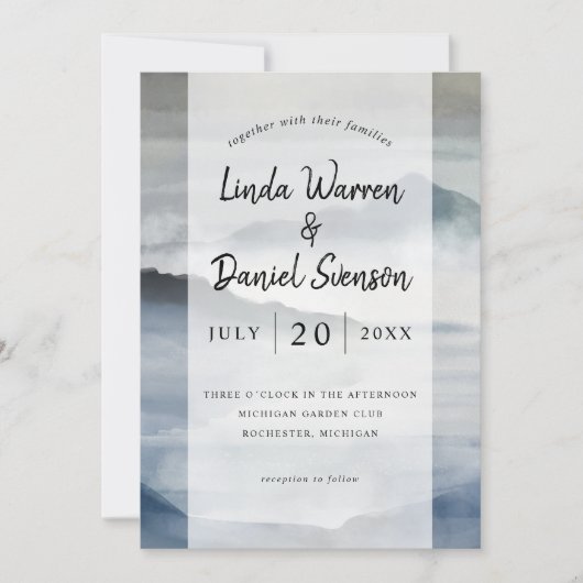 Invitation Aquarelle Misty mountain indigo bleu mariage Inv (Devant)