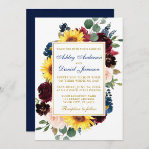 Invitation Aquarelle Mixte Cadre Floral Mariage Or Bleu