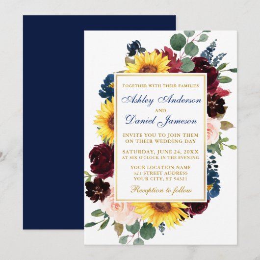 Invitation Aquarelle Mixte Cadre Floral Mariage Or Bleu (Devant / Derrière)