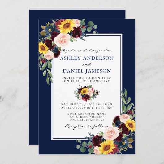 Invitation Aquarelle Mixte Floral Blue Frame Mariage (Devant / Derrière)
