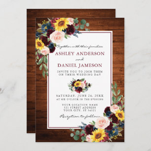 Invitation Aquarelle Mixte Floral Bois Bourgogne Mariage