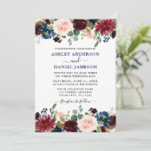 Invitation Aquarelle Mixte Floral Bourgogne Mariage bleu (Debout devant)