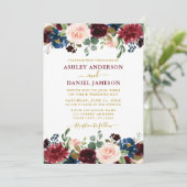 Invitation Aquarelle Mixte Floral Bourgogne Mariage or (Debout devant)