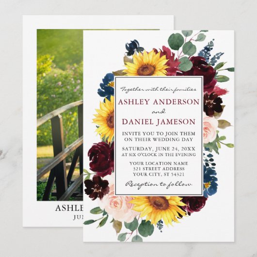 Invitation Aquarelle Mixte Floral Frame Photo Mariage (Devant / Derrière)