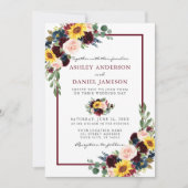Invitation Aquarelle Mixte Floral Mariage Bourgogne Cadre (Devant)