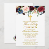 Invitation Aquarelle Mixte Floral Première Communion Or (Devant / Derrière)