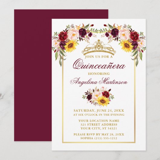 Invitation Aquarelle Mixte Floral Quinceanera Gold Frame (Devant / Derrière)