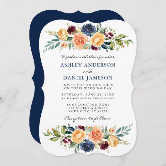 Invitation Aquarelle Mixte Floral Vert Mariage bleu (Devant / Derrière)