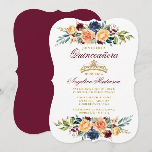 Invitation Aquarelle Mixte Florale Bourgogne Quinceanera (Devant / Derrière)