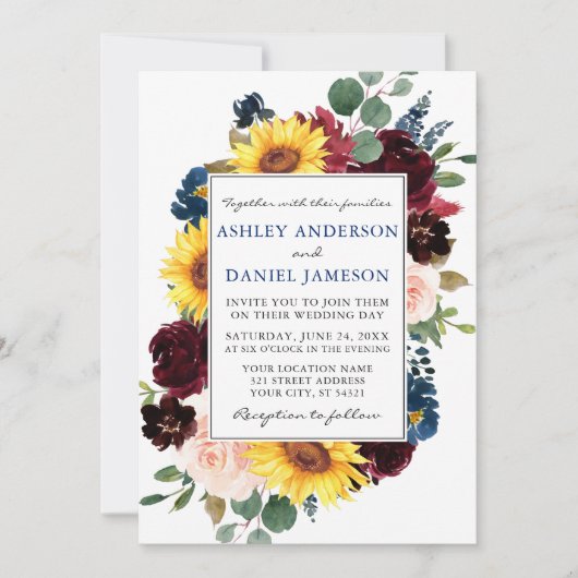 Invitation Aquarelle Mixte Mariage Floral Bleu (Devant)
