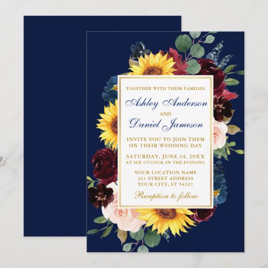 Invitation Aquarelle Mixte Mariage Floral Bleu Or (Devant / Derrière)