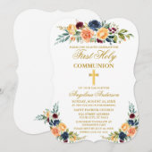 Invitation Aquarelle Mixte Or Floral Première Communion Saint (Devant / Derrière)