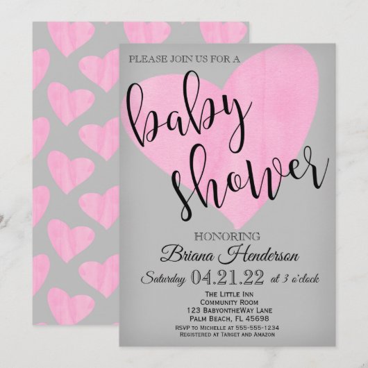 Invitation Aquarelle moderne Baby shower Coeur rose (Devant / Derrière)