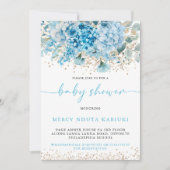 Invitation Aquarelle moderne Baby shower Floral bleu or (Devant)