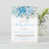Invitation Aquarelle moderne Baby shower Floral bleu or (Debout devant)