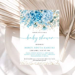 Invitation Aquarelle moderne Baby shower Floral bleu or