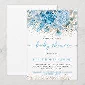 Invitation Aquarelle moderne Baby shower Floral bleu or (Devant / Derrière)