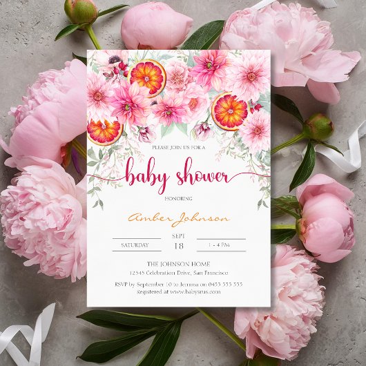 Invitation Aquarelle moderne Baby shower rose et agrumes