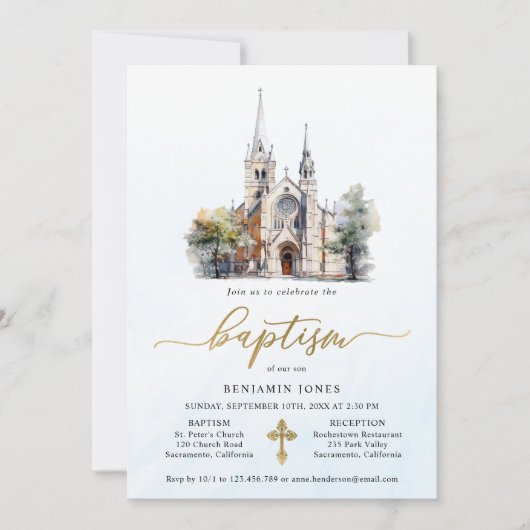 Invitation Aquarelle moderne Baptême bleu (Devant)