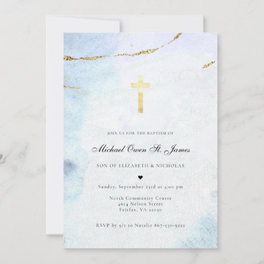 Invitation Aquarelle moderne | Baptême bleu et or (Devant)