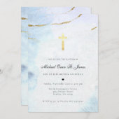 Invitation Aquarelle moderne | Baptême bleu et or (Devant / Derrière)