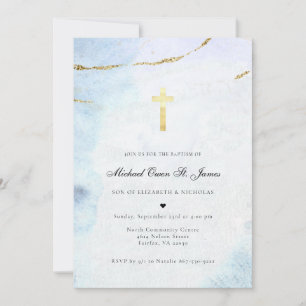 Invitation Aquarelle Moderne Baptême Bleu & Or