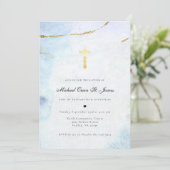 Invitation Aquarelle Moderne | Baptême Bleu & Or (Debout devant)