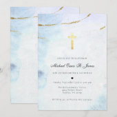 Invitation Aquarelle Moderne | Baptême Bleu & Or (Devant / Derrière)