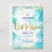 Invitation Aquarelle moderne bat mitzvah or Turquoise (Devant)
