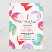 Invitation Aquarelle moderne beignets motif amusement 1er ann (Devant / Derrière)