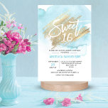 Invitation Aquarelle moderne bleu doux 16 Seteen 3,5x5"<br><div class="desc">*** CARTES 3.5"x5" cliquez sur "TAILLE" pour les tailles PLUS GRANDES *** Envoyez à vos invités ces 16 invitations sucrées modernes mais élégantes. Aquarelle bleu pastel clair sur arrière - plan blanc. Faux brosse en or avec 16 en fausse parties scintillant ! Cartes modifiables - personnalisez-les en ajoutant votre texte....</div>