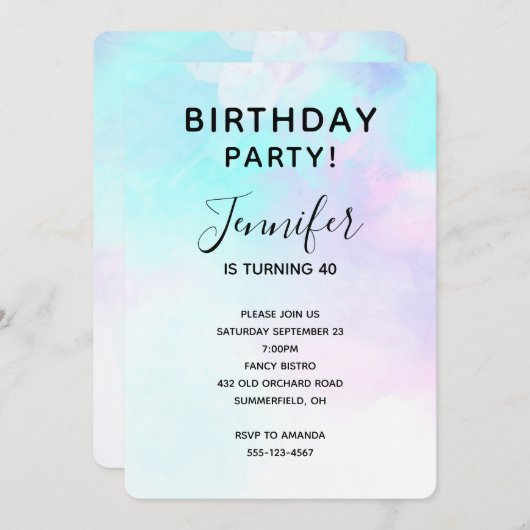 Invitation Aquarelle moderne bleu et violet Abstrait Annivers (Devant / Derrière)