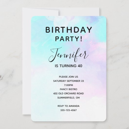 Invitation Aquarelle moderne bleu et violet Abstrait Annivers (Devant)