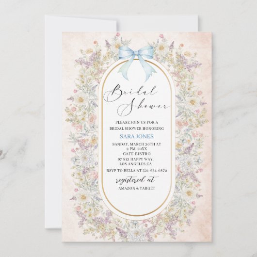 Invitation Aquarelle moderne Bleu fleurs rétro Brides Sh (Devant)