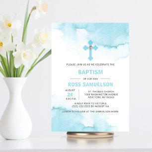 Invitation Aquarelle moderne Bleu GARÇON Baptême Christening