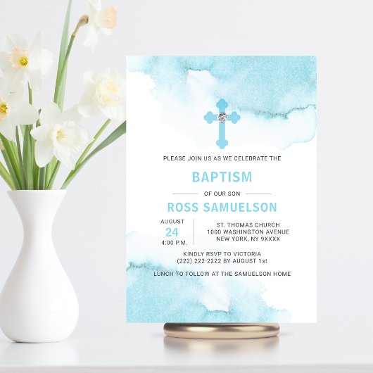 Invitation Aquarelle moderne Bleu GARÇON Baptême Christening